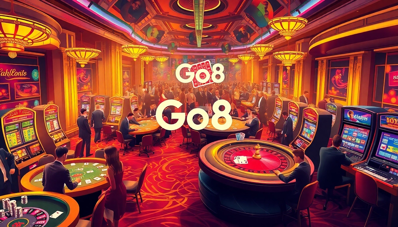 Players engaging in high-stakes poker at a casino featuring Go8 branding in a luxurious setting.