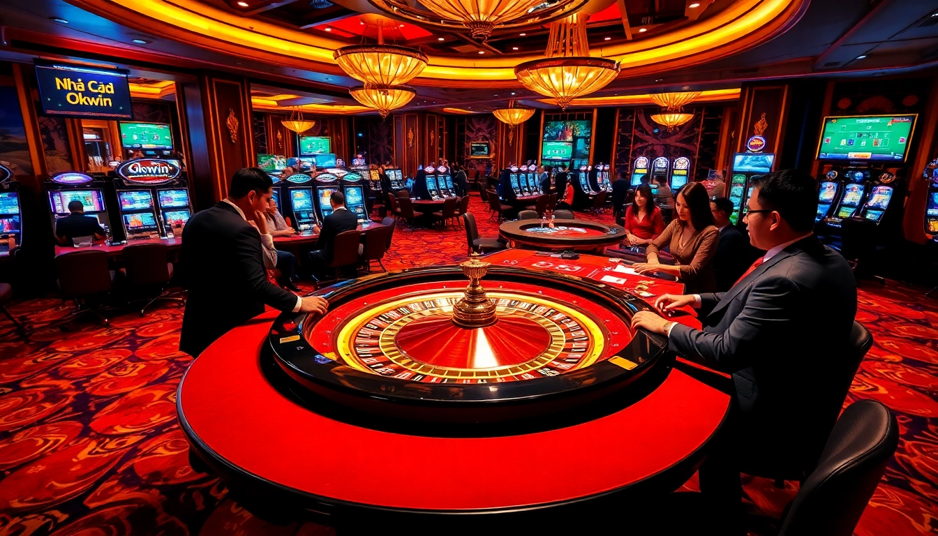 Players enjoying the thrill of casino games at Nhà Cái Okwin, engaging with live dealers and vibrant slot machines.