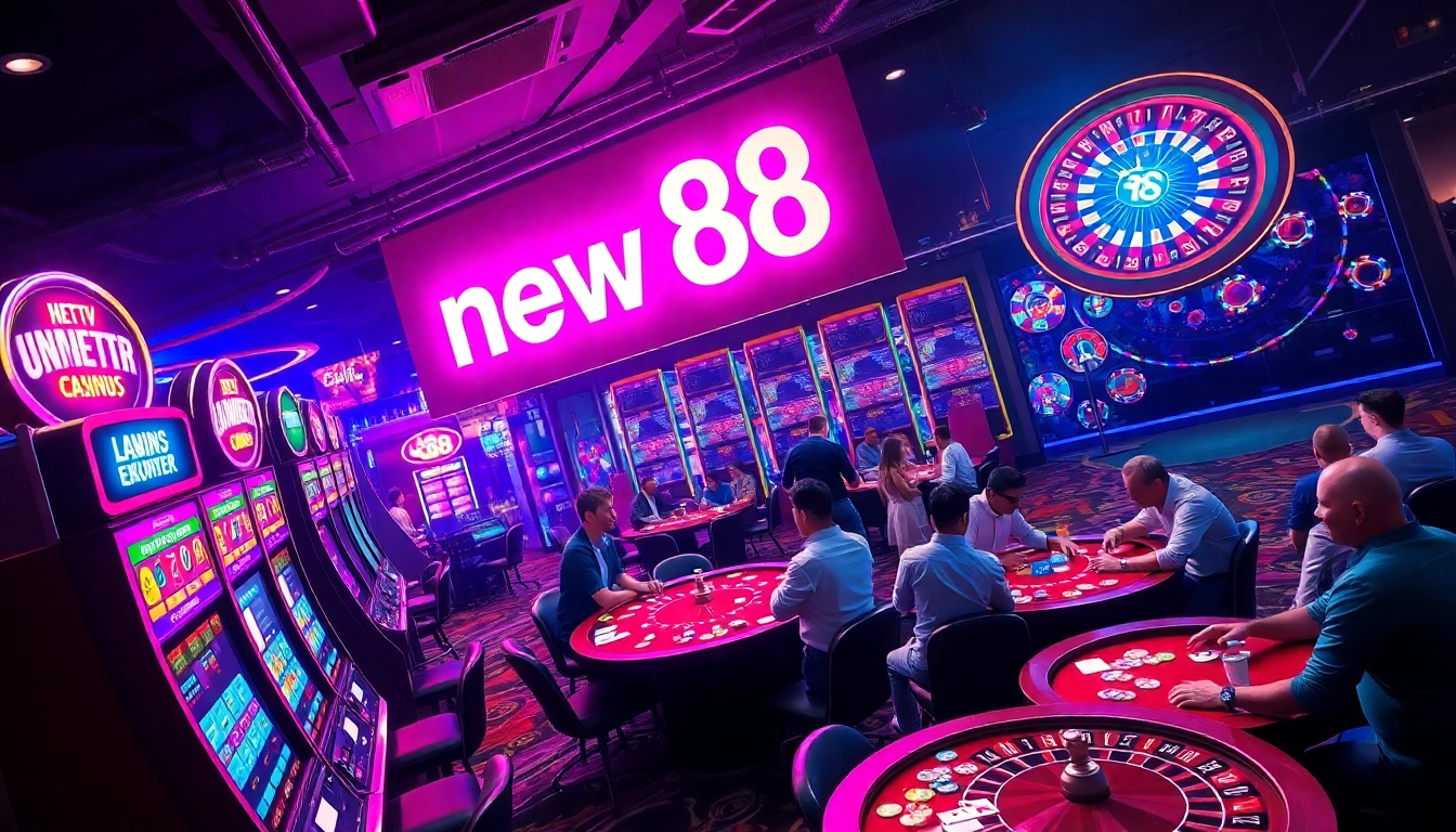 Experience the thrill of the new 88 casino with vibrant gaming tables and players enjoying exciting gambling actions.