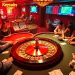 Exciting casino scene at Nhà Cái 32win, featuring players at a poker table and roulette wheel.