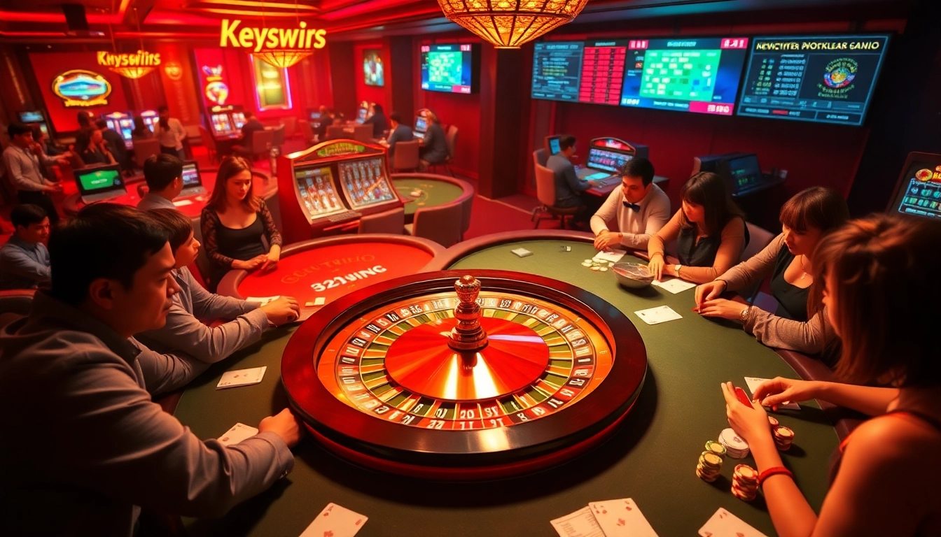 Exciting casino scene at Nhà Cái 32win, featuring players at a poker table and roulette wheel.