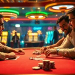 A poker table at a bustling casino where players aim to 'ku win' big in high-stakes games.