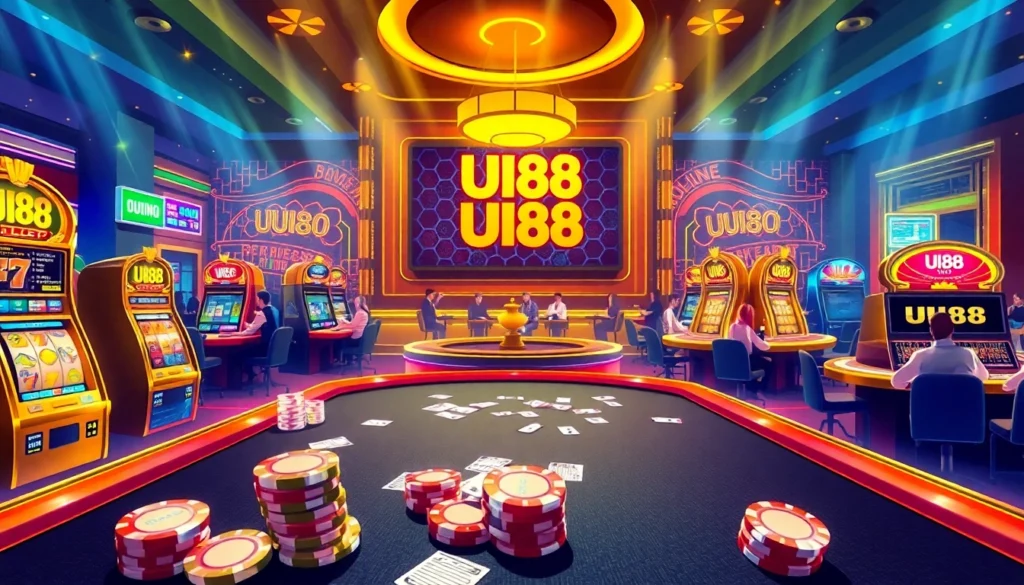 UU88 casino scene with vibrant gaming tables and colorful slot machines.