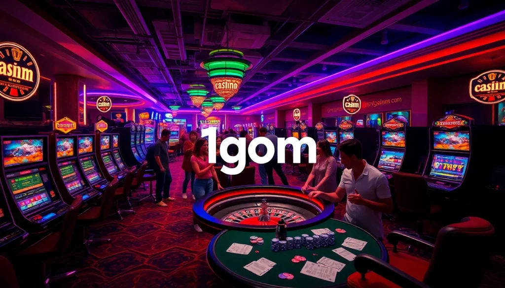 Players experiencing the thrill of win at a casino with 1gom-themed action, featuring roulette and vibrant slot machines.