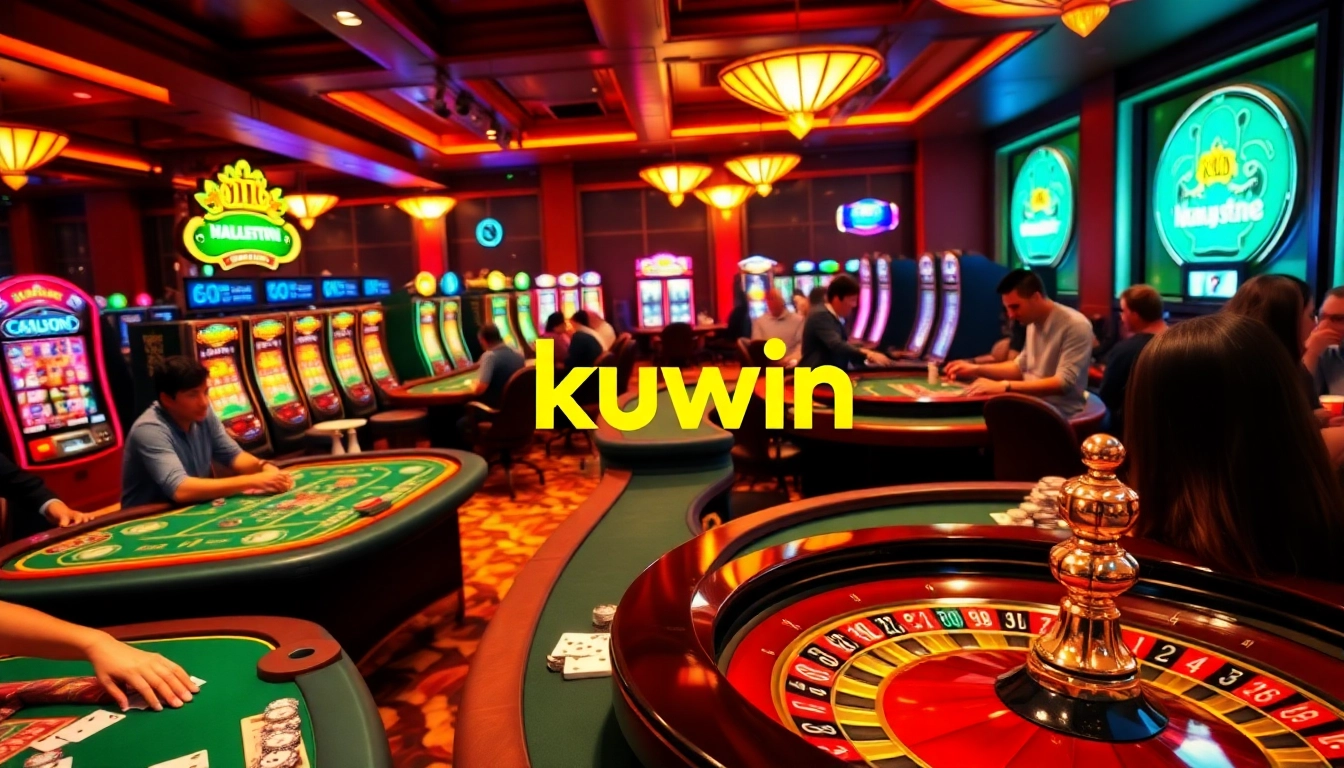 Experience kuwin excitement with players at dynamic casino tables, vibrant slot machines, and engaging poker games.