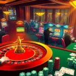 Experience the thrill of SHBET COM with players engrossed in roulette and slot machines in a luxury casino setting.