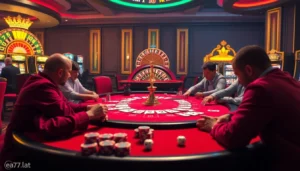 Experience the thrill of high-stakes gameplay with https://ea77.lat/ featuring poker chips and dice rolling in a vibrant casino scene.