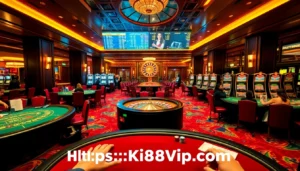 Experience the thrill at https://kp88vip.com/ with players enjoying blackjack and roulette at a lavish casino.