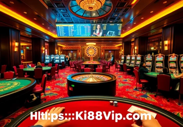 Experience the thrill at https://kp88vip.com/ with players enjoying blackjack and roulette at a lavish casino.