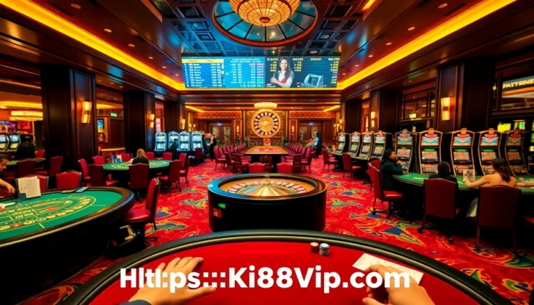 Experience the thrill at https://kp88vip.com/ with players enjoying blackjack and roulette at a lavish casino.