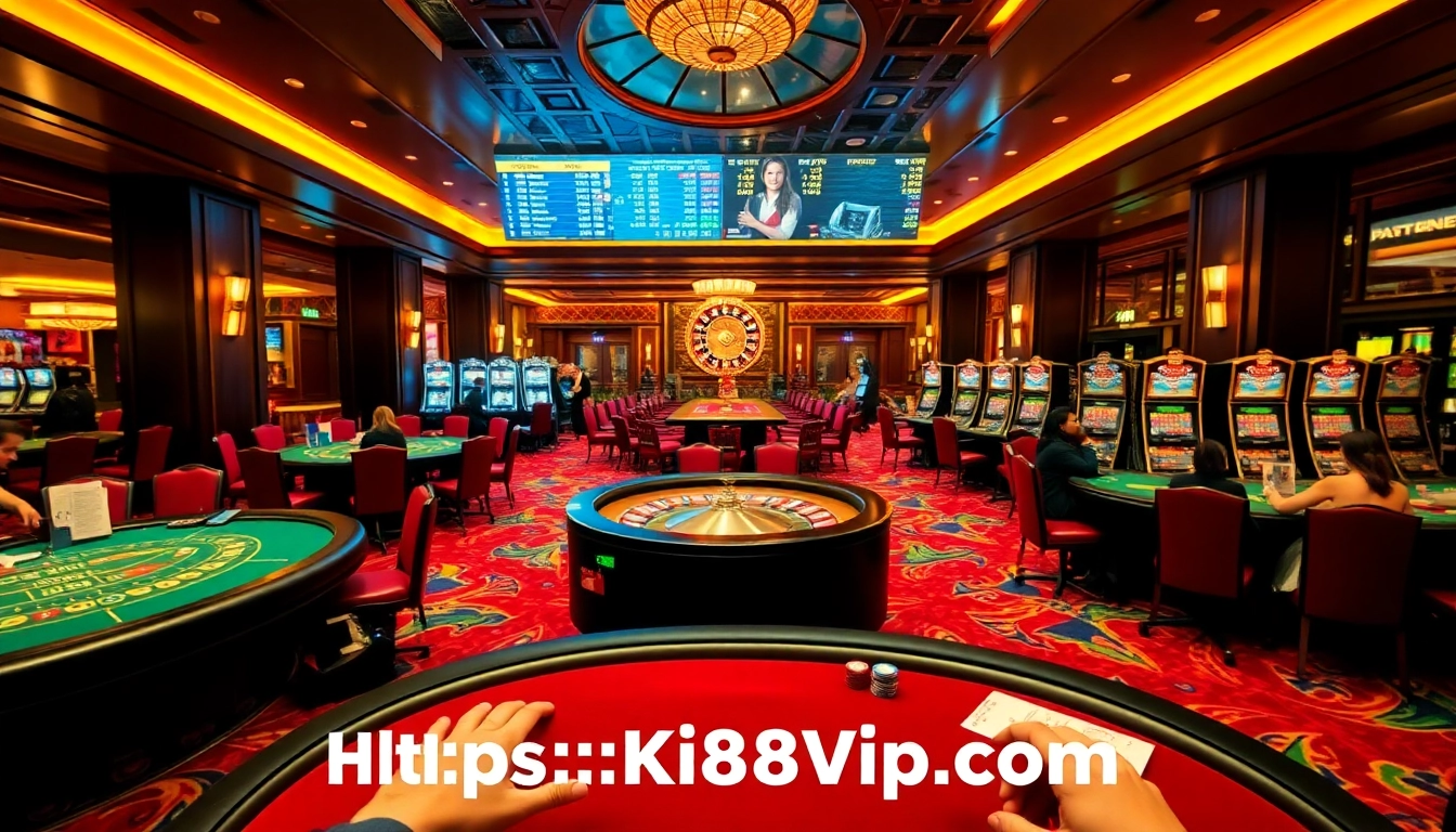 Experience the thrill at https://kp88vip.com/ with players enjoying blackjack and roulette at a lavish casino.